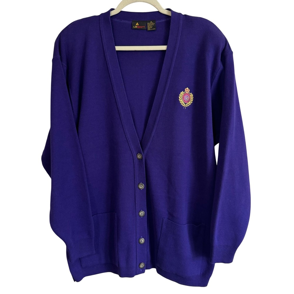 Vintage Lizsport Liz Claiborne Purple Cotton Crest Cardigan Sweater Medium USA